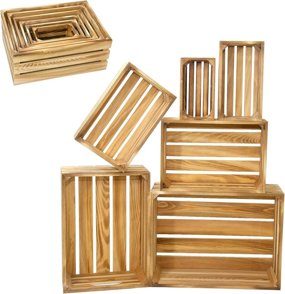 Wooden Crates for Display 6 Pack Large Rustic Nesting Wooden Basket with Hand...